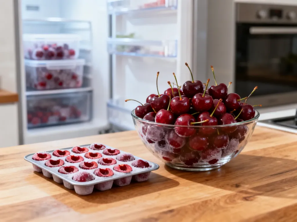 Miska świeżych czereśni obok tacki z drylowanymi owocami przygotowanymi do mrożenia na kuchennym blacie.