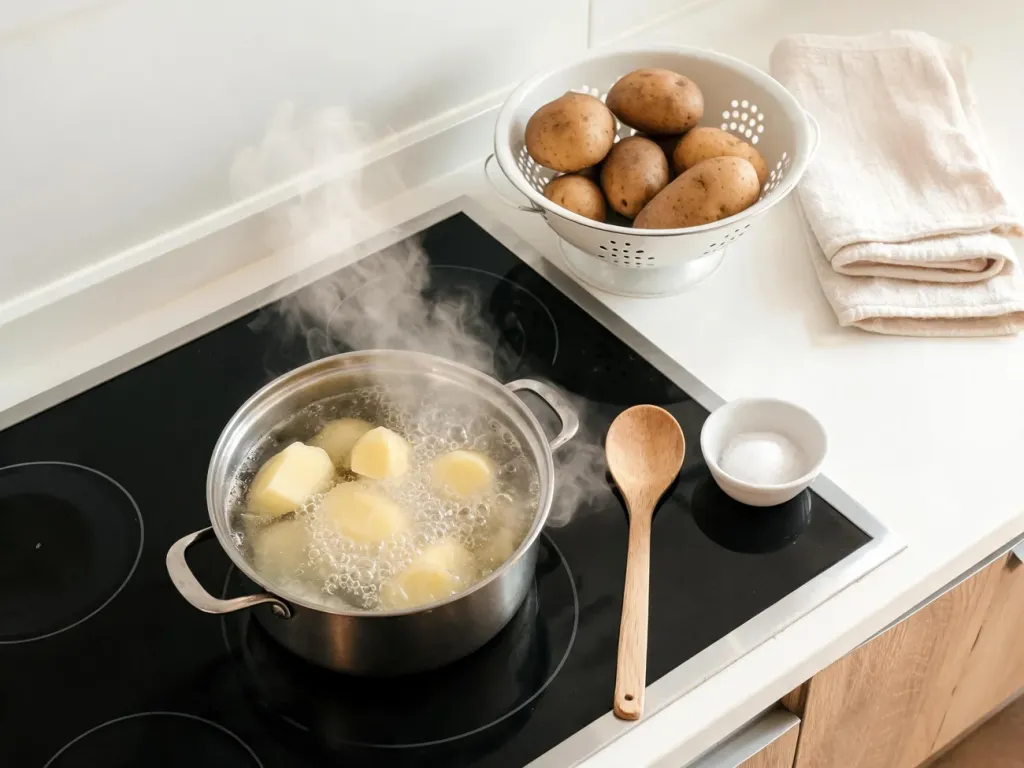 Garnek z gotującymi się ziemniakami na kuchence, w tle surowe ziemniaki w durszlaku – domowe gotowanie krok po kroku.