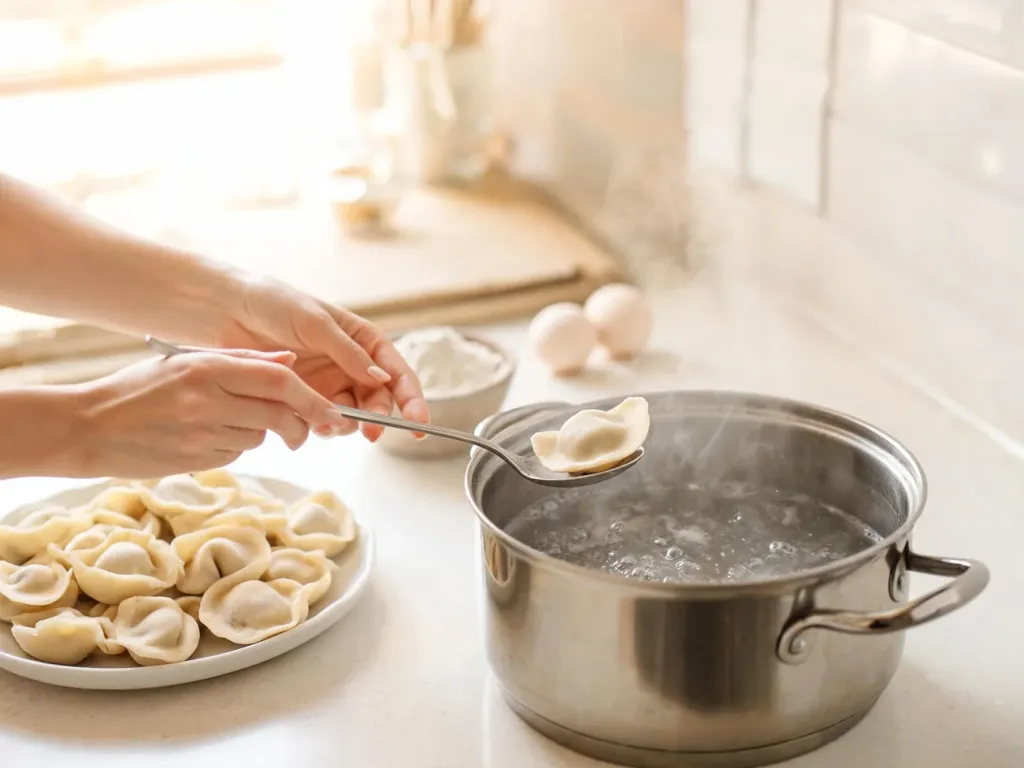 Kobieta delikatnie wkłada surowe pierogi do garnka z wrzącą wodą, ilustrując prawidłowy czas i sposób gotowania pierogów.