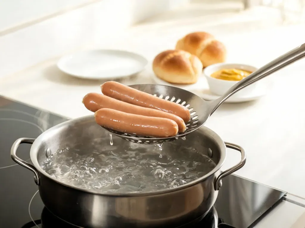 Parówki wyjmowane łyżką cedzakową z garnka z gorącą wodą, w tle bułki i musztarda, domowa, przytulna kuchnia.