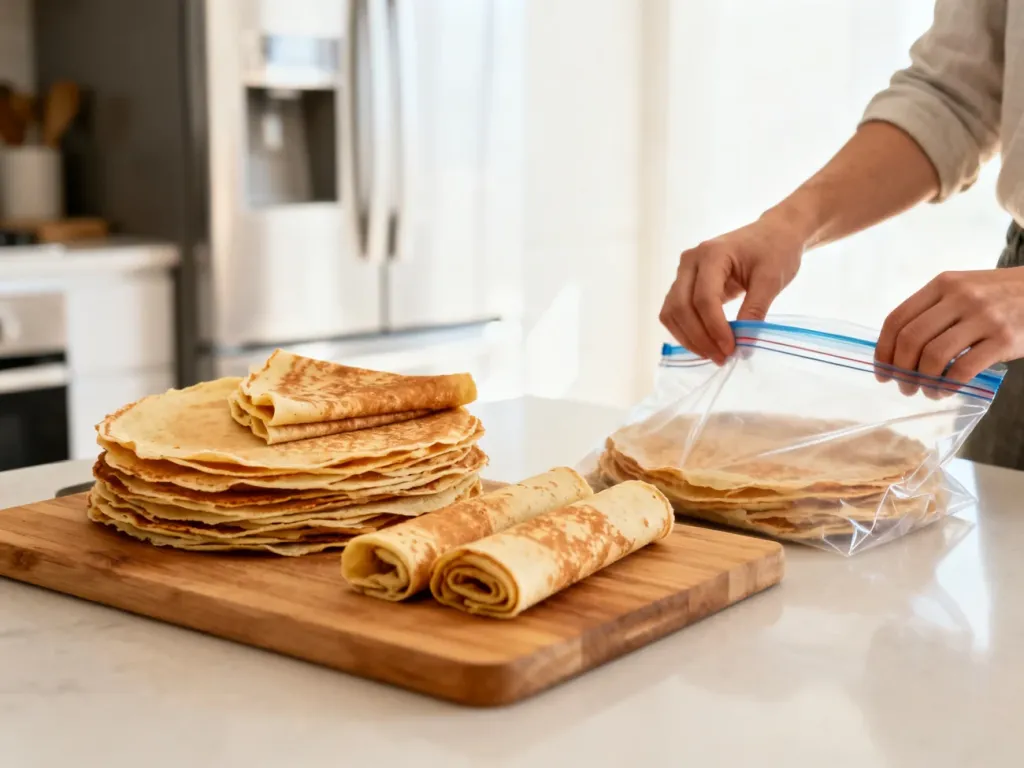 Domowe naleśniki na desce, część zwinięta i składana, obok pakowanie placków do woreczka do mrożenia na blacie kuchni.
