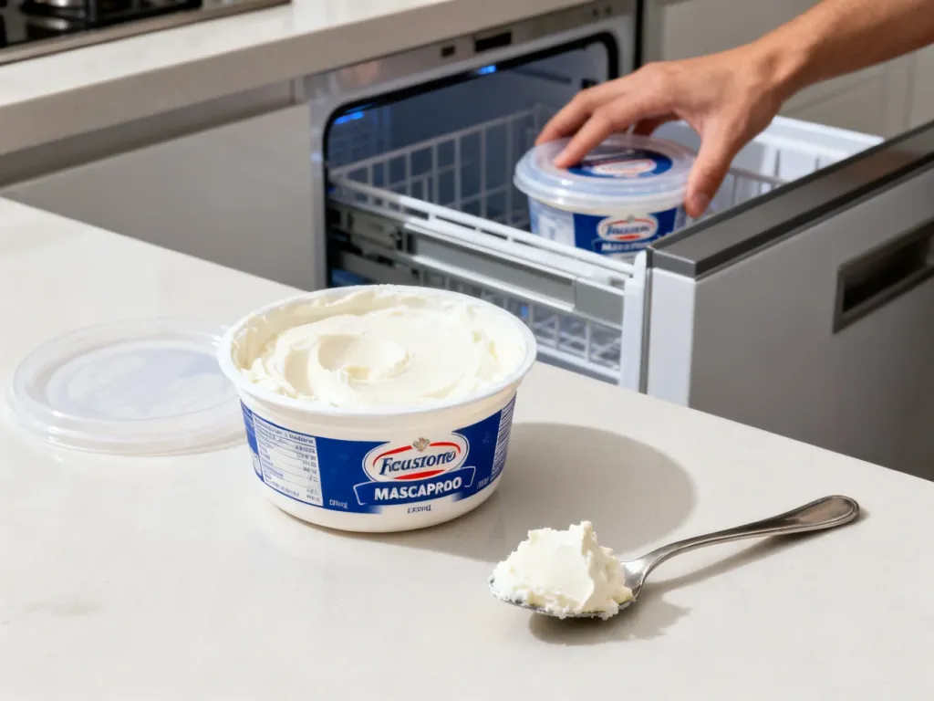 Mascarpone w otwartym pojemniku i porcje przekładane łyżką do pojemnika do zamrażania, gotowe do mrożenia